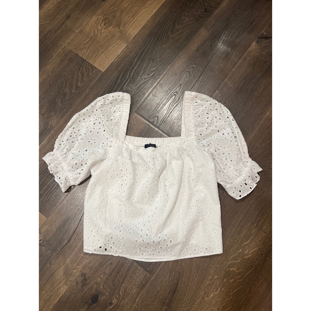 1.STATE Womens White Eyelet Puff Sleeve Square Neck Blouse Top Large